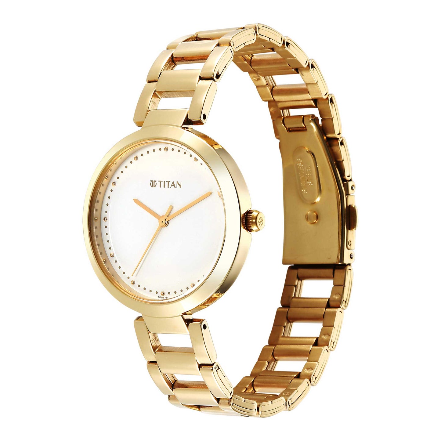 Titan Workwear Quartz Analog White Dial Golden Stainless Steel Strap Watch for Women