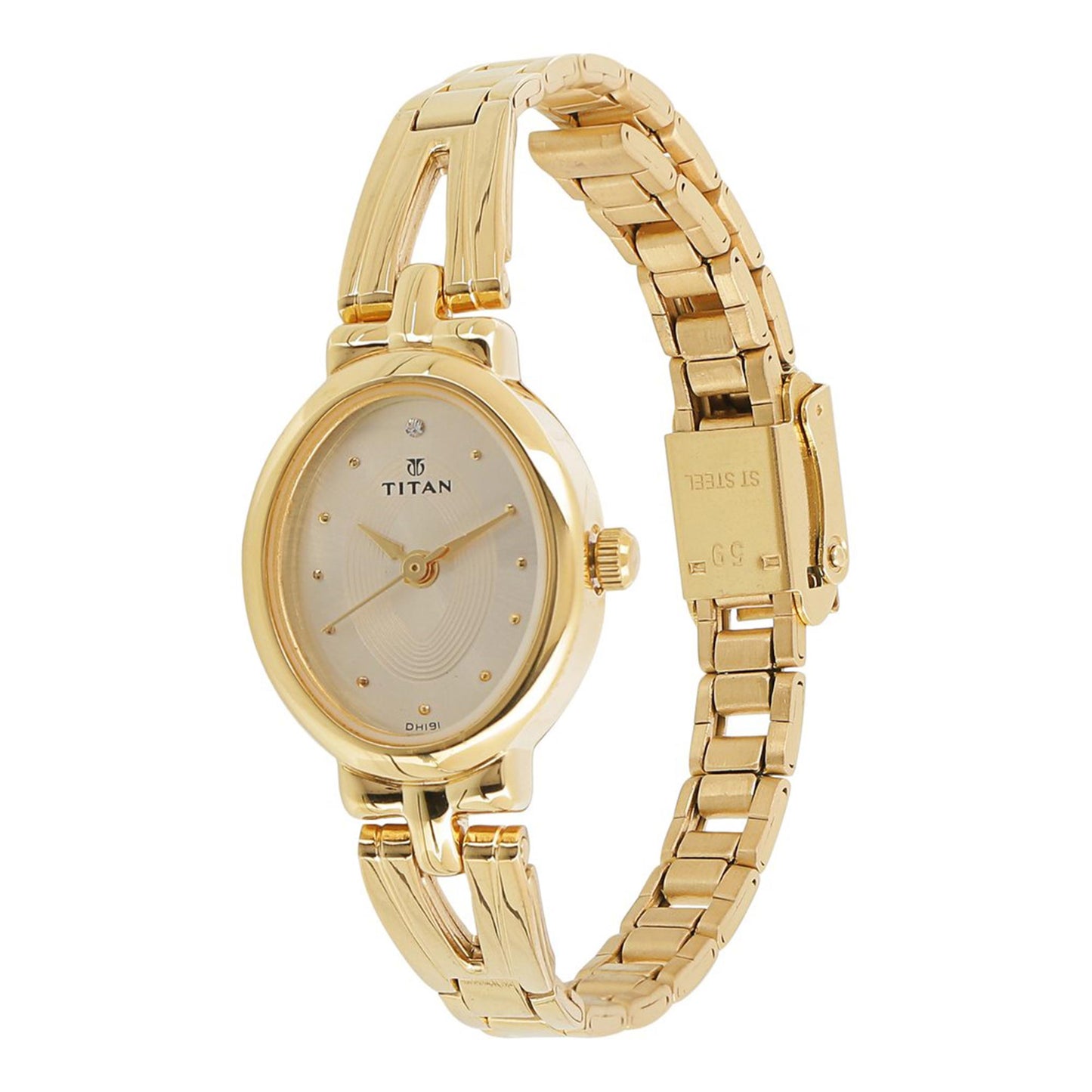 Titan Quartz Analog Champagne Dial Stainless Steel Strap Watch for Women