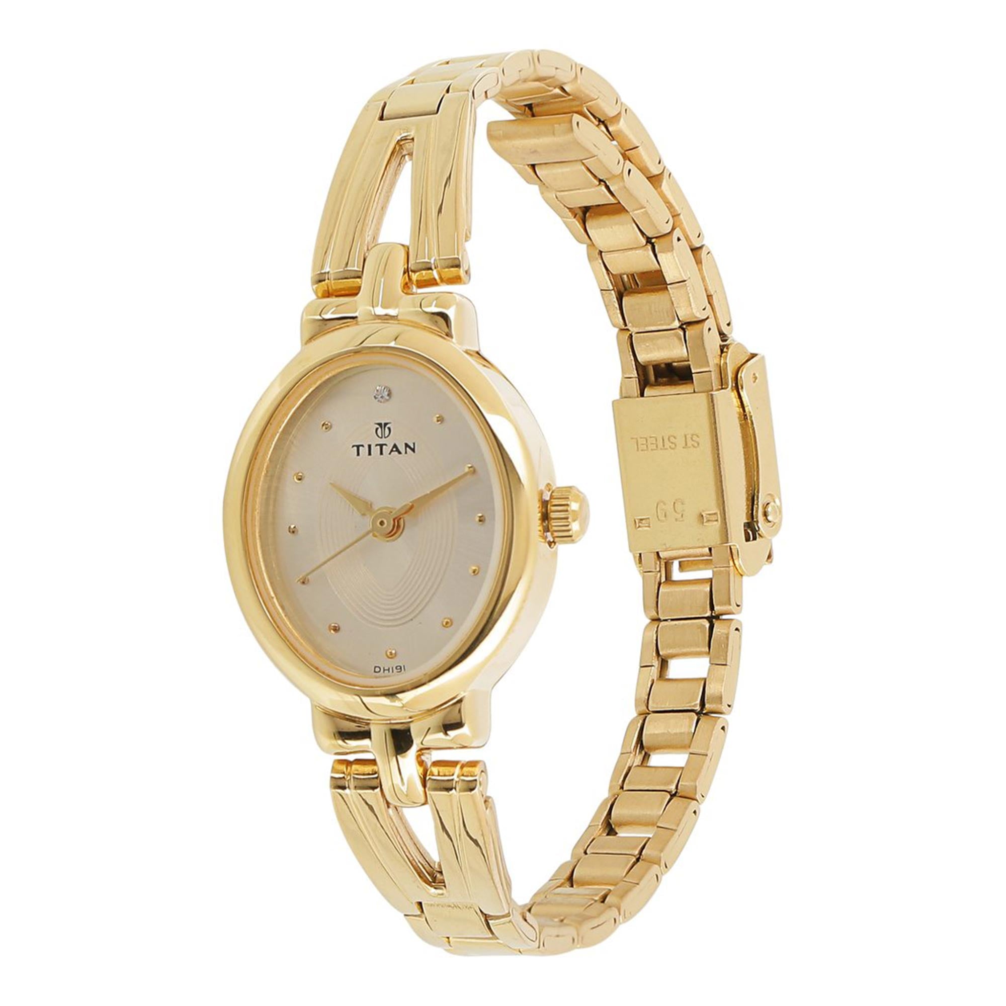 Titan Quartz Analog Champagne Dial Stainless Steel Strap Watch for Women