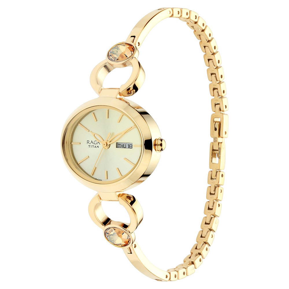 Titan Raga Viva Champagne Dial Analog with Day and Date Metal Strap watch for Women