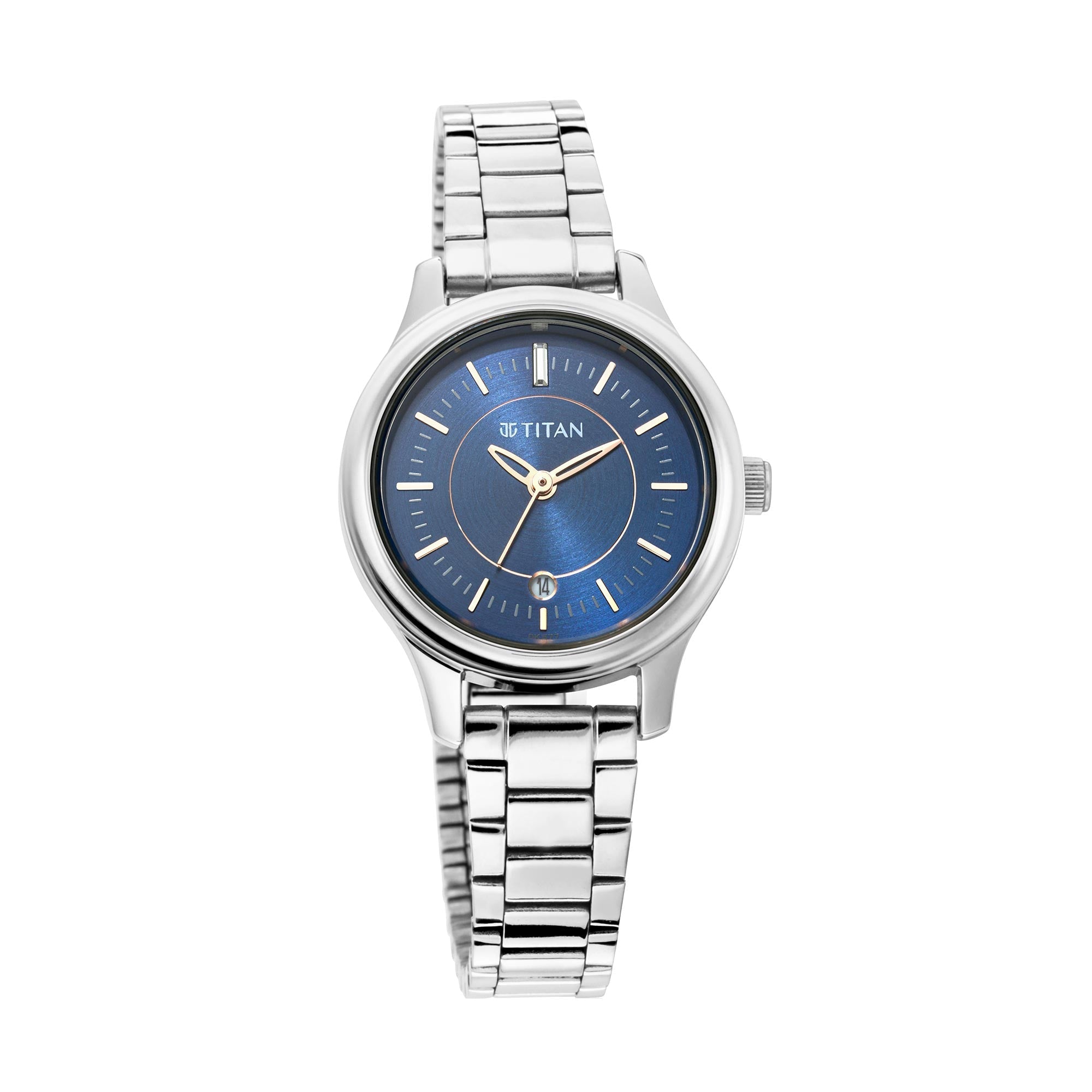 Titan Quartz Analog with Date Blue Dial Metal Strap Watch for Women