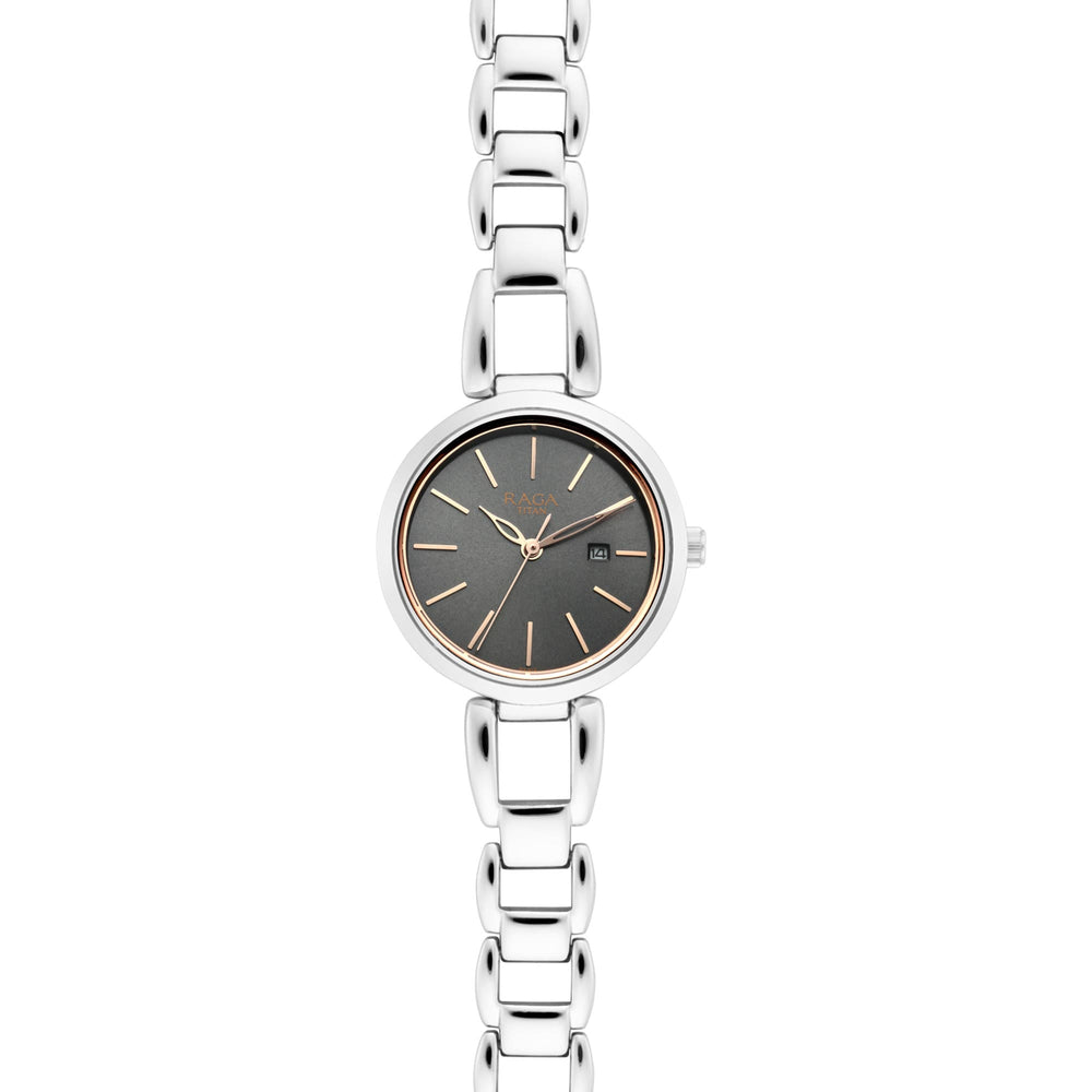Titan Raga Viva Gun Dial Analog with Date Silver Metal Strap Watch for Women