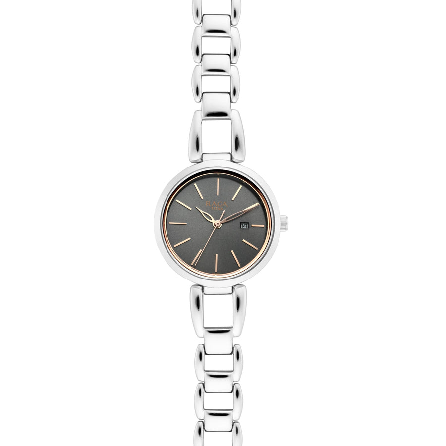 Titan Raga Viva Gun Dial Analog with Date Silver Metal Strap Watch for Women