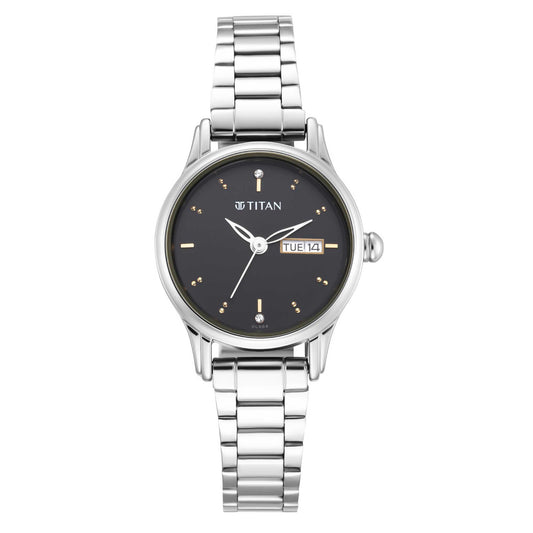 Titan Lagan Black Dial Analog with Day and Date Metal Strap Watch for Women