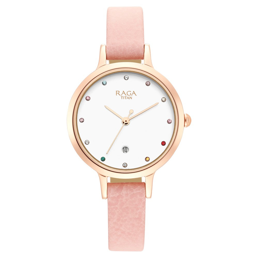 Titan Raga Viva Quartz Analog with Date White Dial Leather Strap Watch for Women