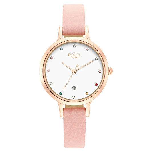 Titan Raga Viva Quartz Analog with Date White Dial Leather Strap Watch for Women