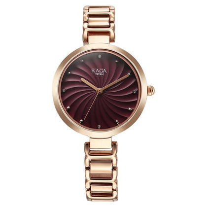 Titan Raga Memoirs Quartz Analog Burgundy Dial With Rose Gold Color Metal Strap Watch For Women