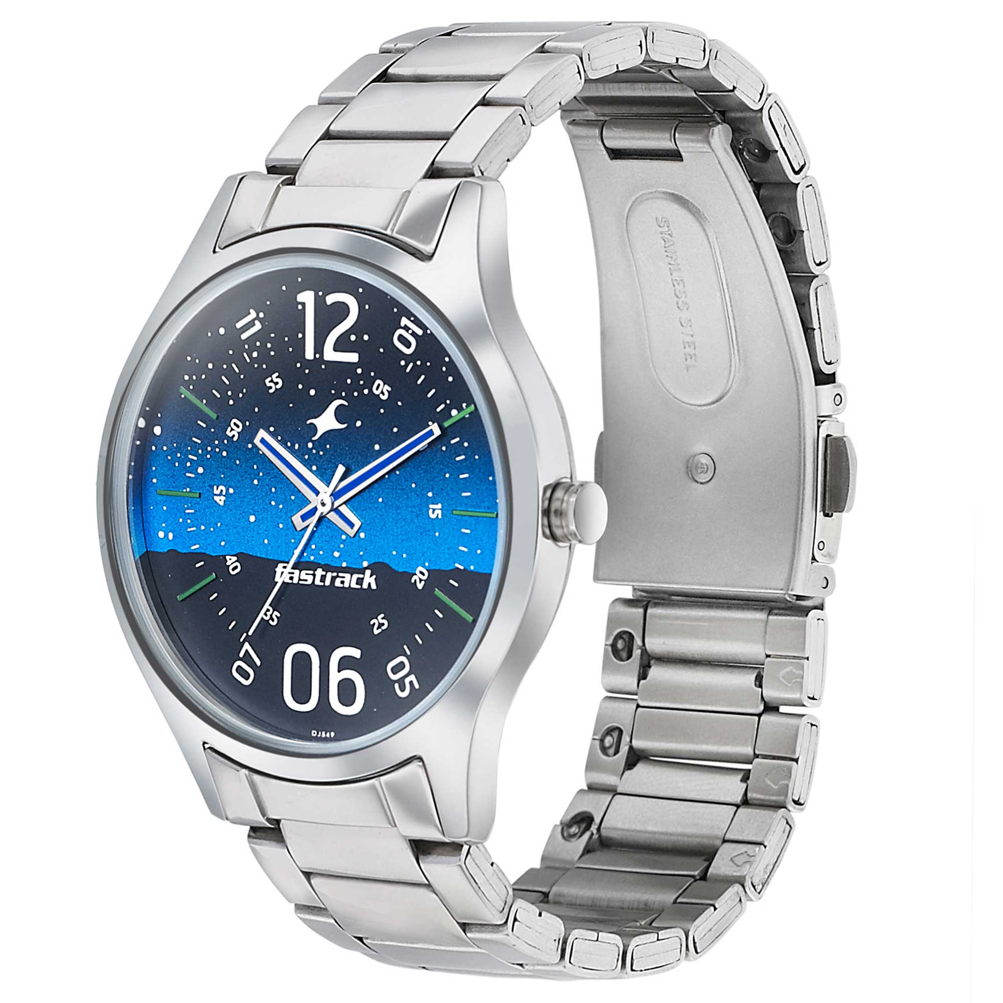 Fastrack Space Rover Quartz Analog Blue Dial Stainless Steel Strap Watch for Guys