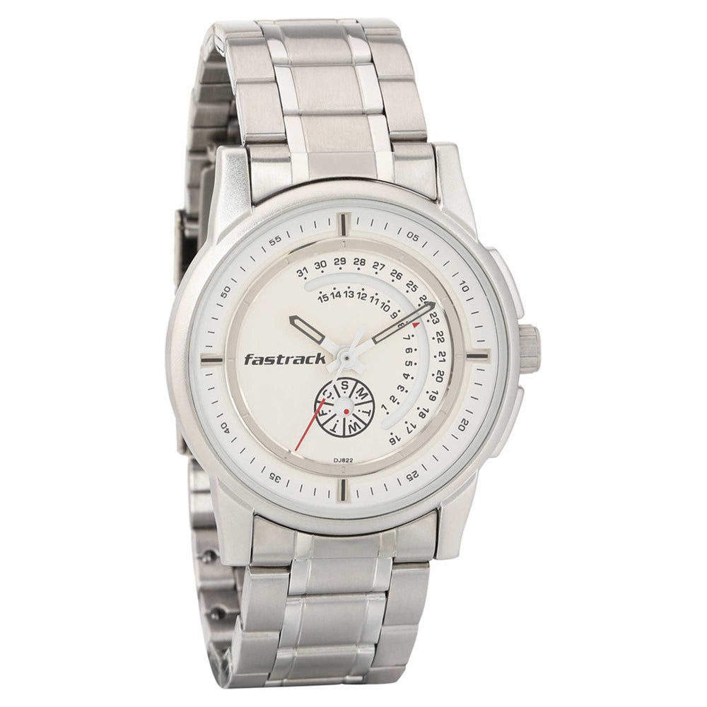 Fastrack Go Skate Quartz Analog with Day and Date White Dial Stainless Steel Strap Watch for Guys