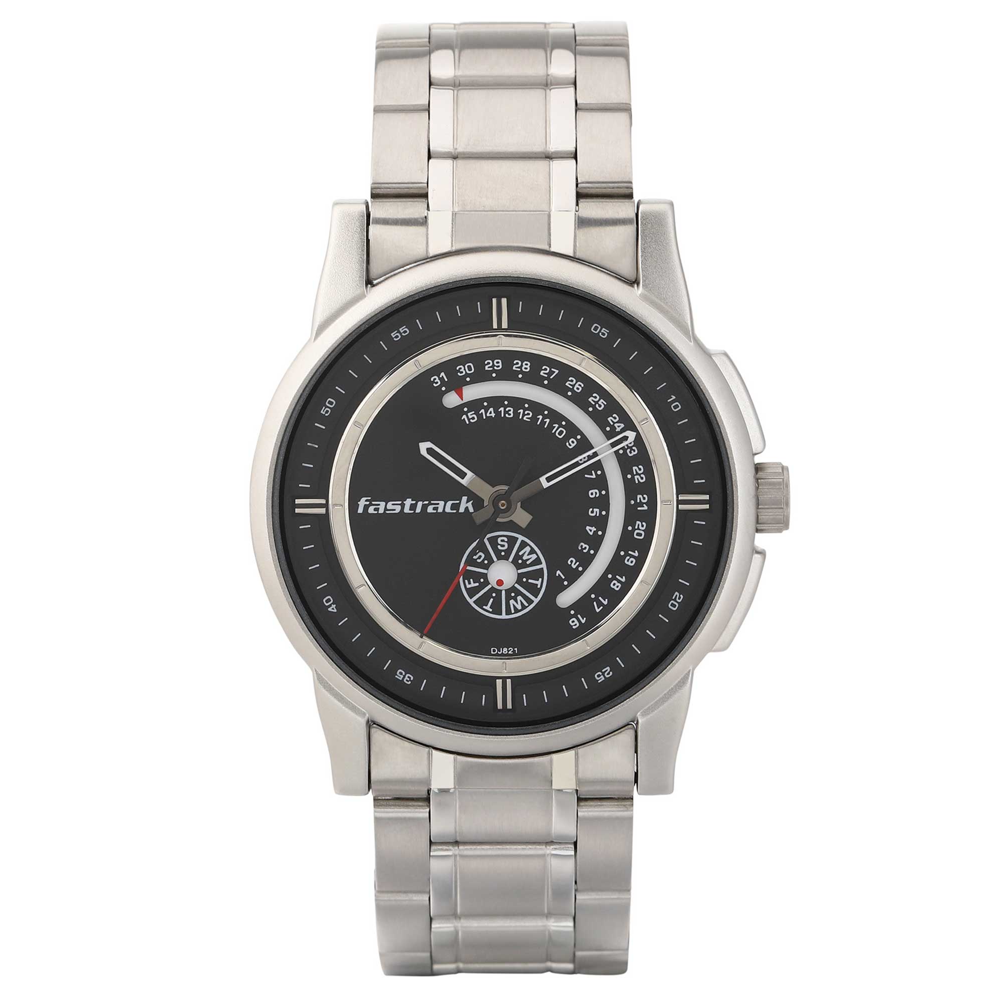 Fastrack Go Skate Quartz Analog with Day and Date Black Dial Stainless Steel Strap Watch for Guys