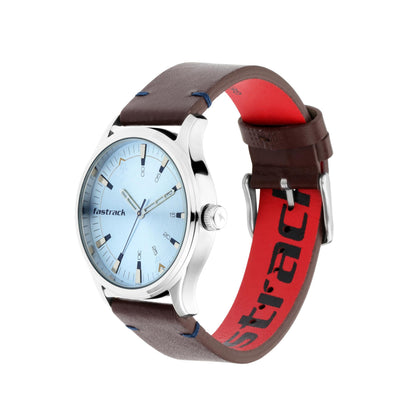 Fastrack I Love Me Quartz Analog Blue Dial Leather Strap Watch for Guys