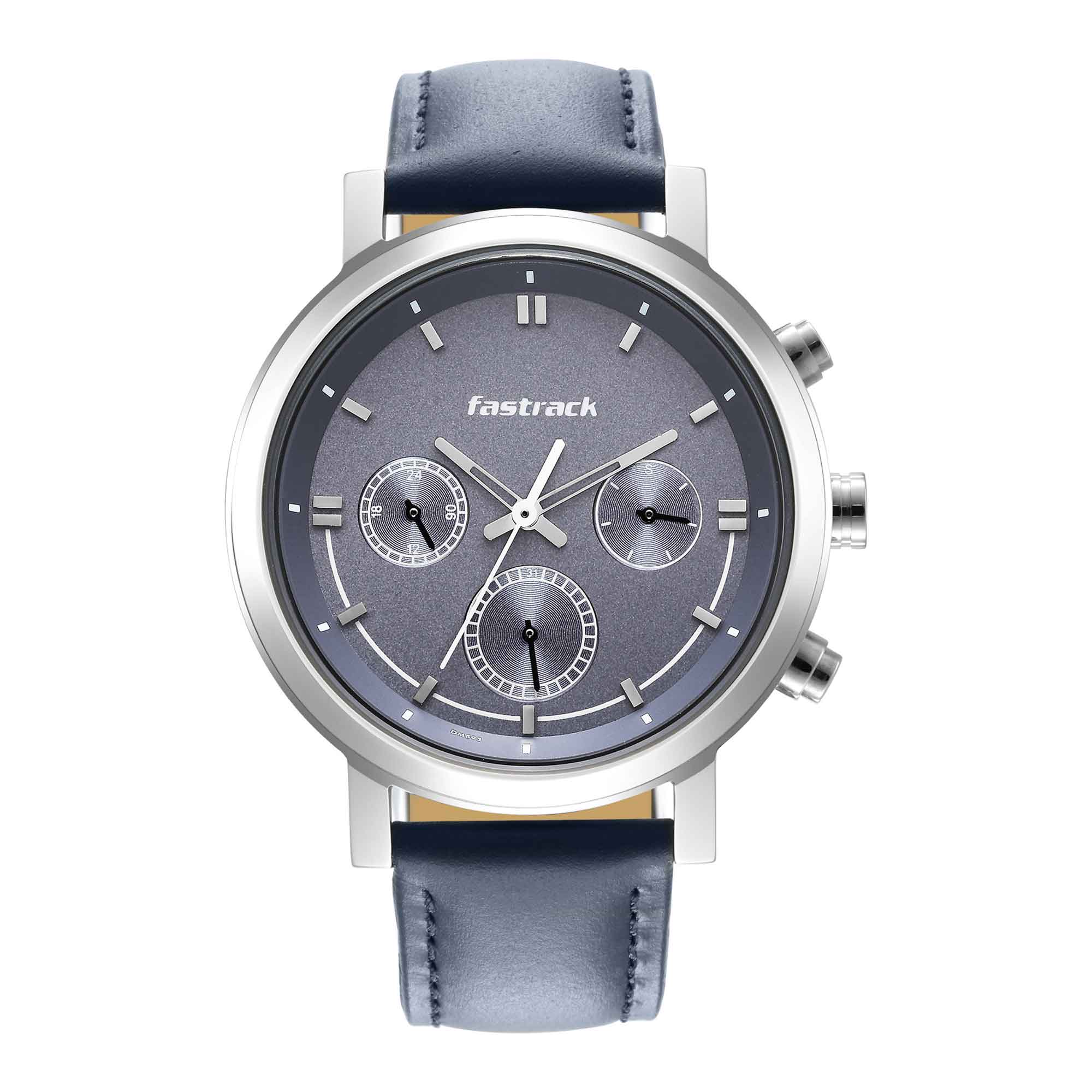 Fastrack Tick Tock Quartz Analog Blue Dial Leather Strap Watch for Guys