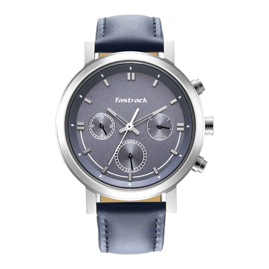 Fastrack Tick Tock Quartz Analog Blue Dial Leather Strap Watch for Guys
