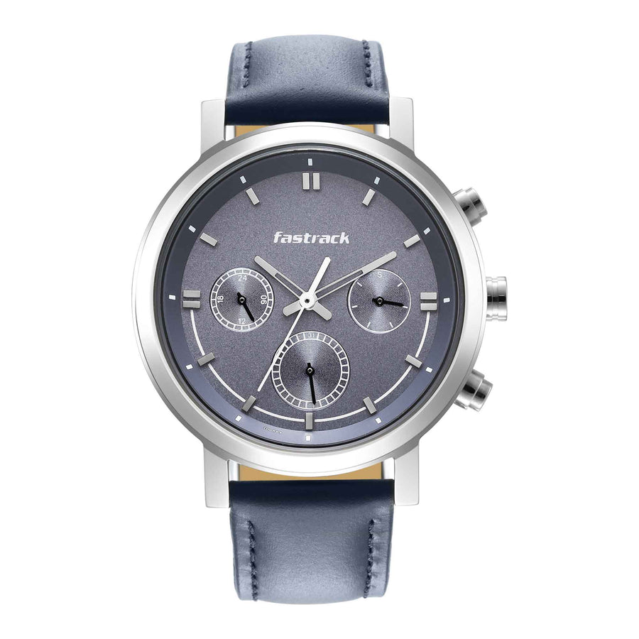 Fastrack Tick Tock Quartz Analog Blue Dial Leather Strap Watch for Guys