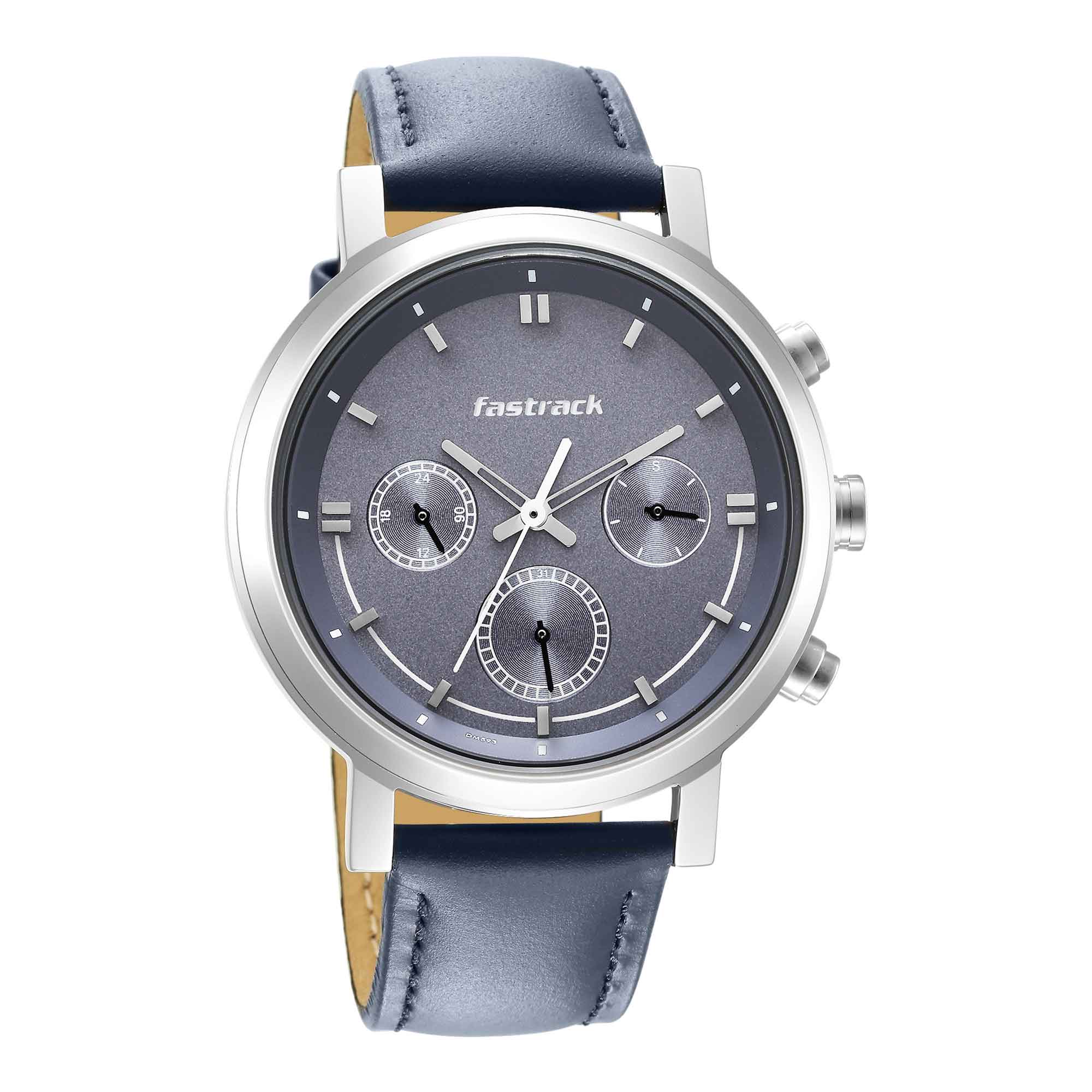 Fastrack Tick Tock Quartz Analog Blue Dial Leather Strap Watch for Guys