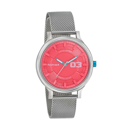 Fastrack Loopholes Quartz Analog Red Dial Stainless Steel Strap Watch for Girls