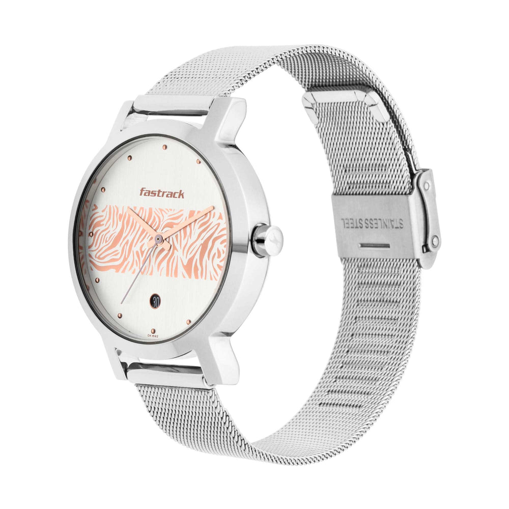 Fastrack Fastrack Animal Print Quartz Analog with Date Bicolour Dial Stainless Steel Strap Watch for Girls