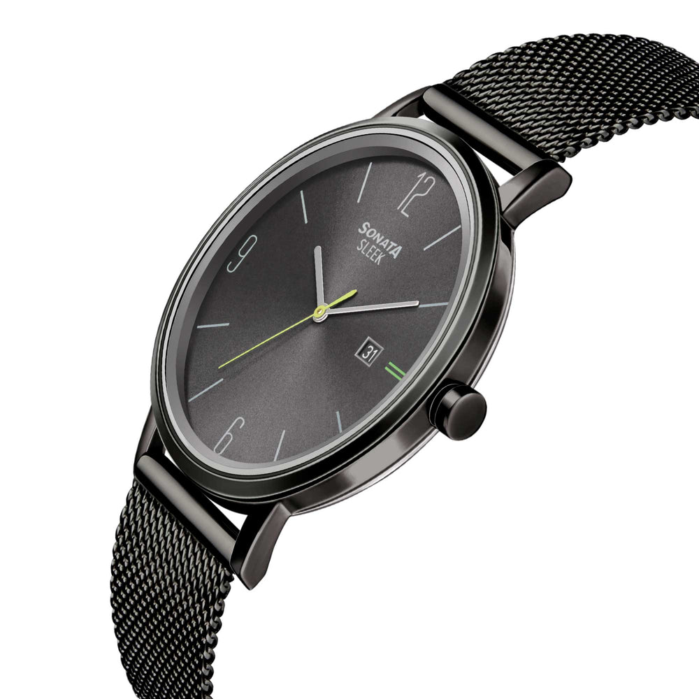 Sonata Quartz Analog with Date Grey Dial Stainless Steel Strap Watch for Men