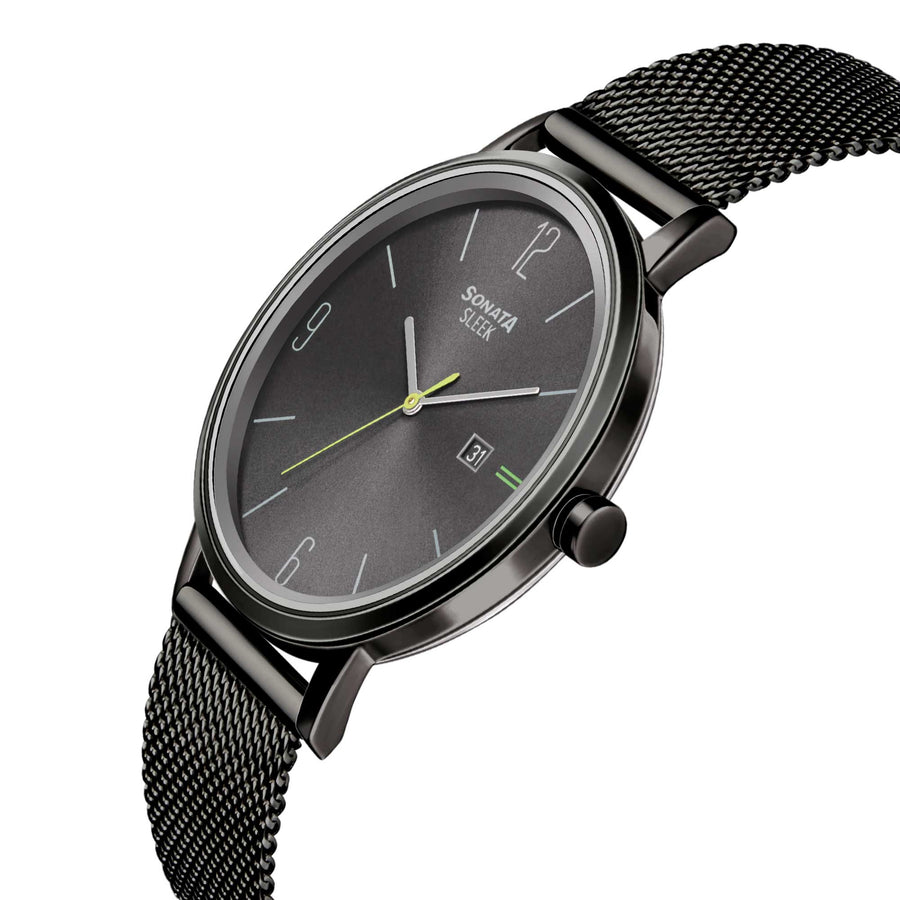 Sonata Quartz Analog with Date Grey Dial Stainless Steel Strap Watch for Men