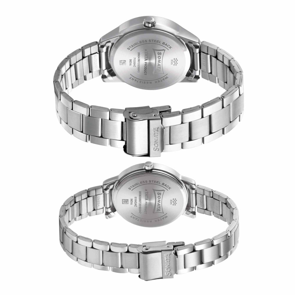 Sonata Quartz Analog with Date Blue Dial Metal Strap Watch for Couple