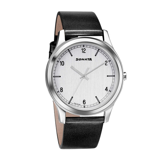 Sonata Quartz Analog Silver Dial Leather Strap Watch for Men