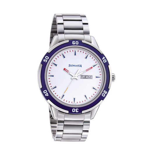 Sonata Quartz Analog with Day and Date White Dial Metal Strap Watch for Men