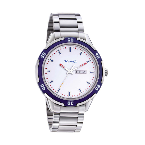 Sonata Quartz Analog with Day and Date White Dial Metal Strap Watch for Men