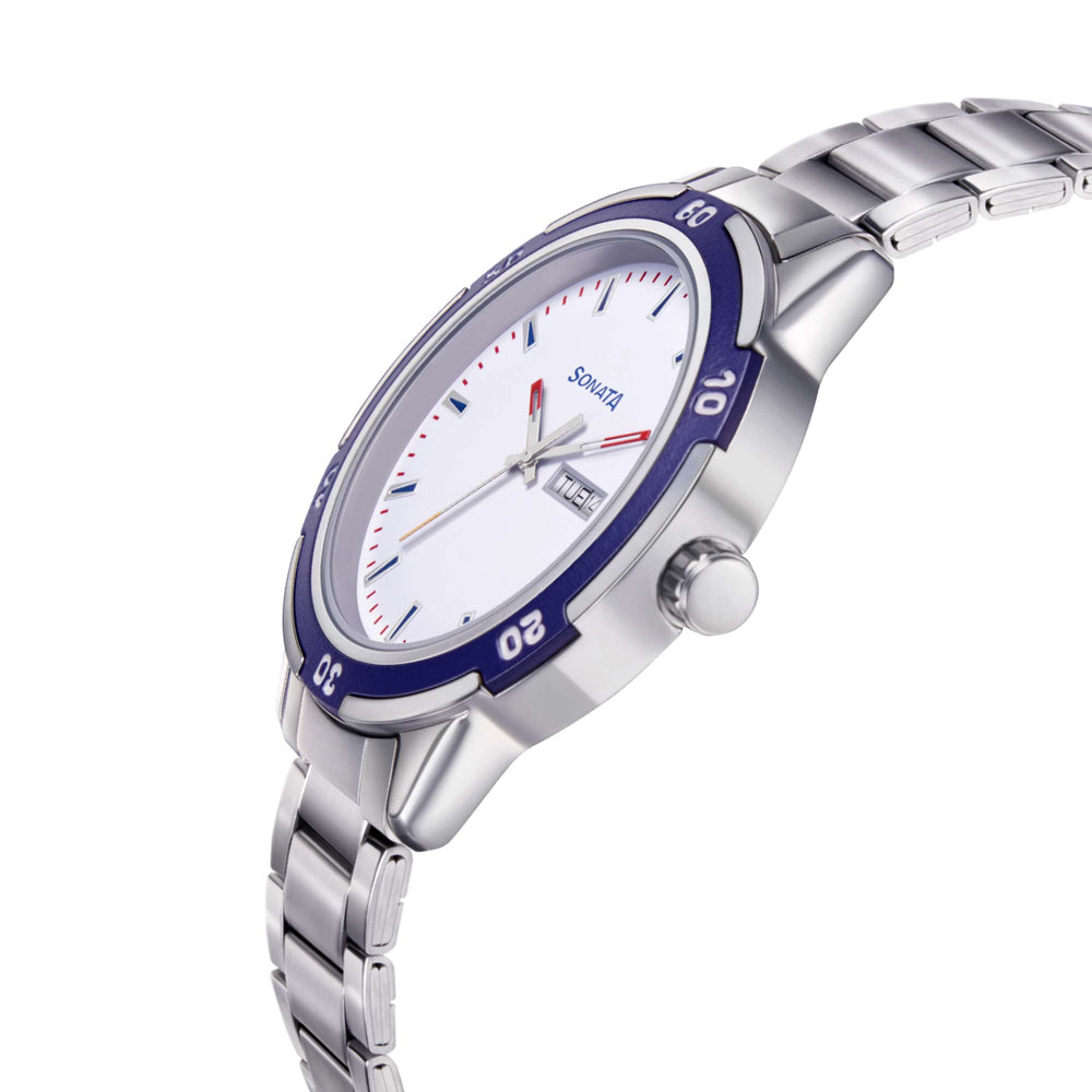 Sonata Quartz Analog with Day and Date White Dial Metal Strap Watch for Men