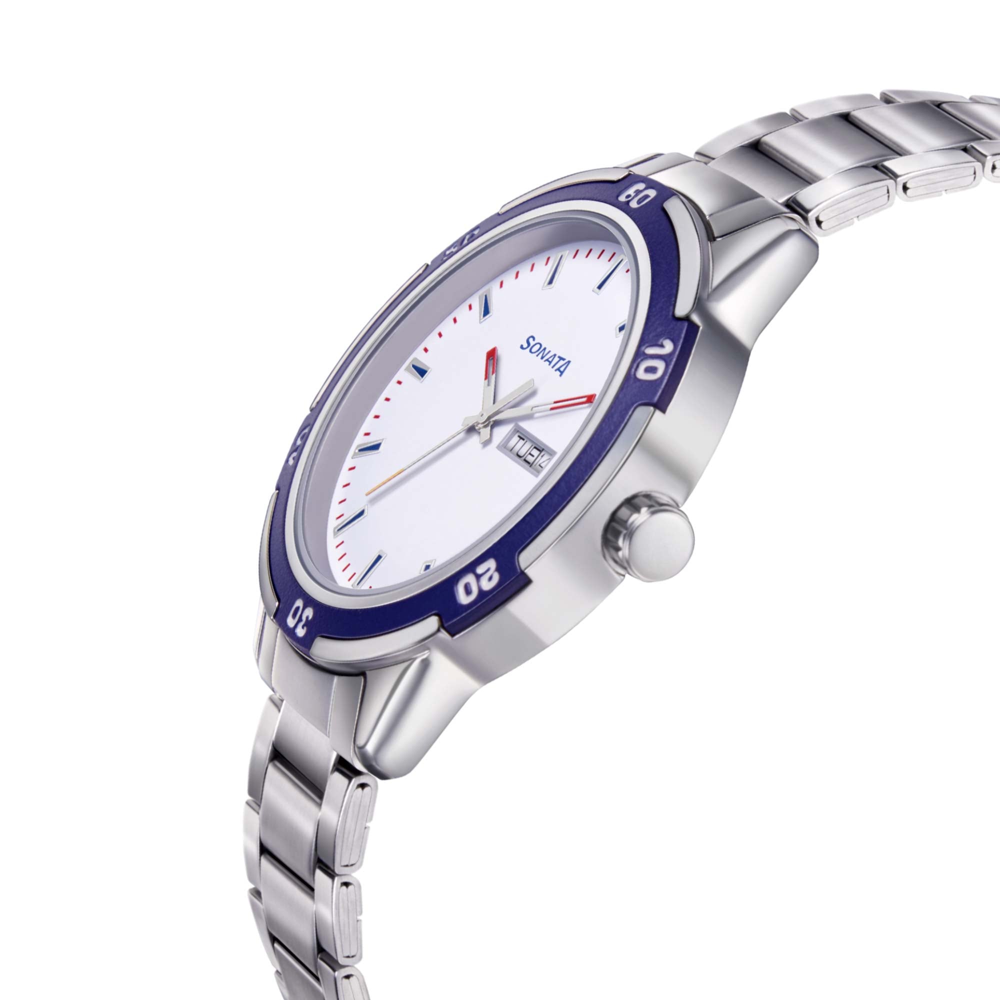 Sonata Quartz Analog with Day and Date White Dial Metal Strap Watch for Men