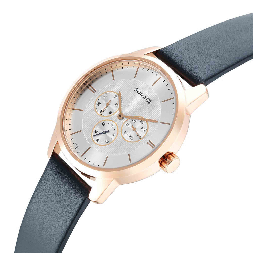 Sonata Quartz Multifunction Silver Dial Leather Strap Watch for Men
