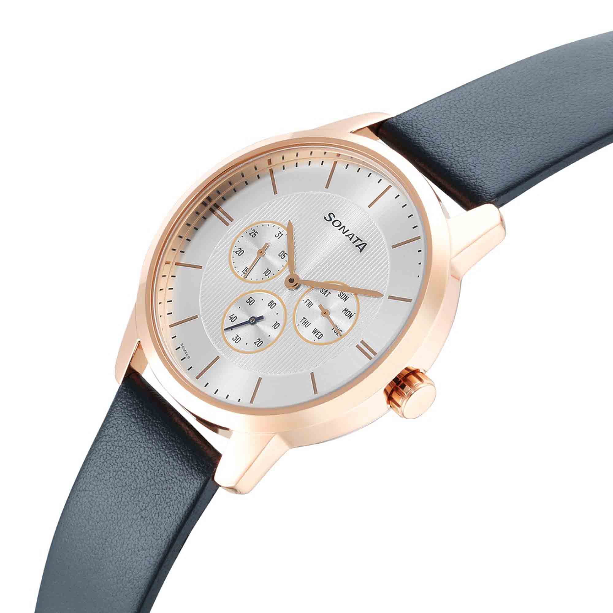 Sonata Quartz Multifunction Silver Dial Leather Strap Watch for Men