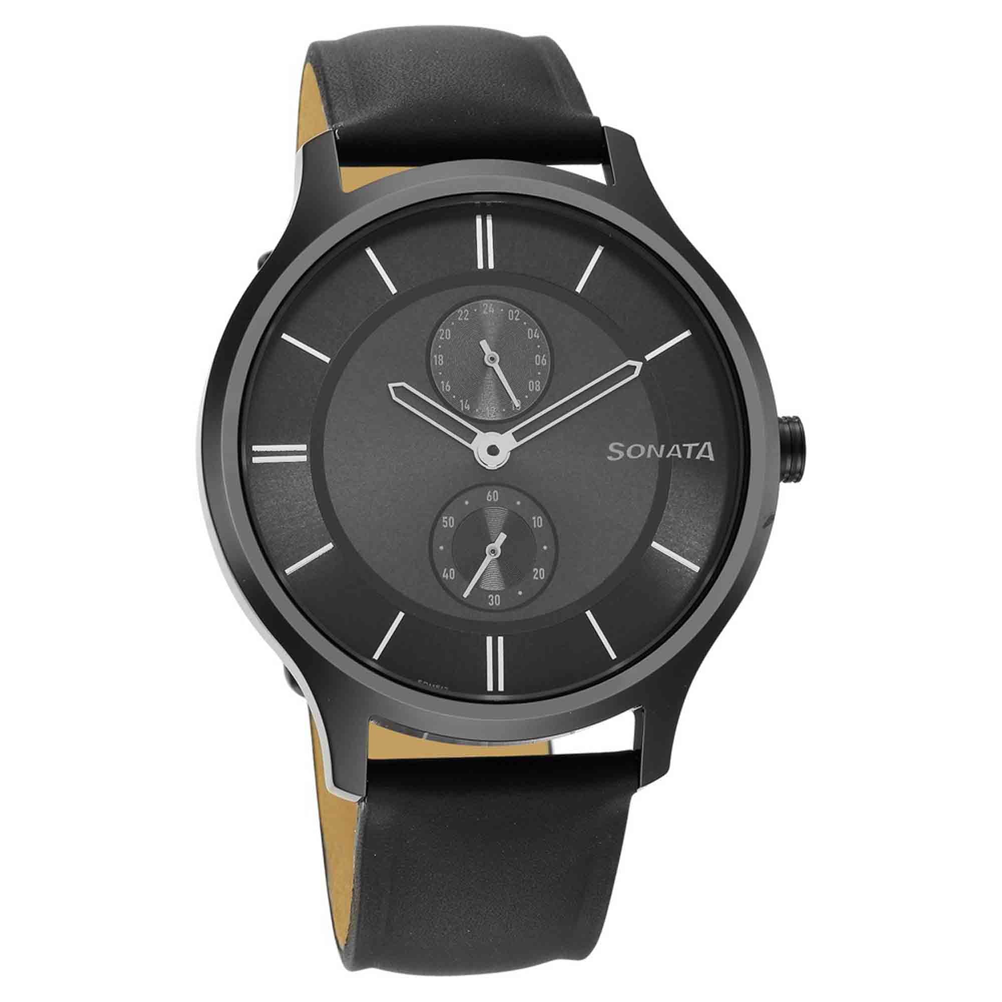 Sonata Quartz Multifunction Grey Dial Leather Strap Watch for Men