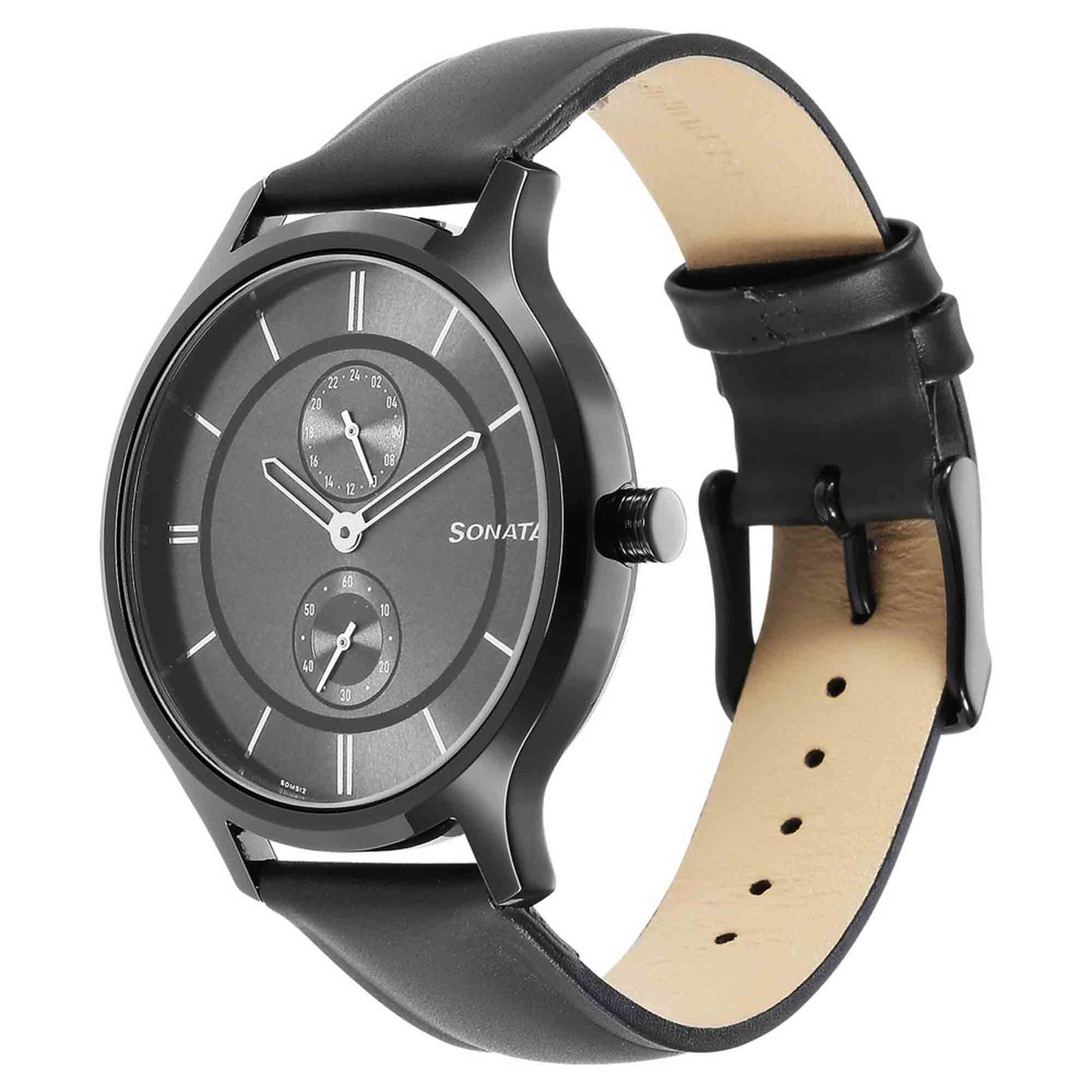 Sonata Quartz Multifunction Grey Dial Leather Strap Watch for Men