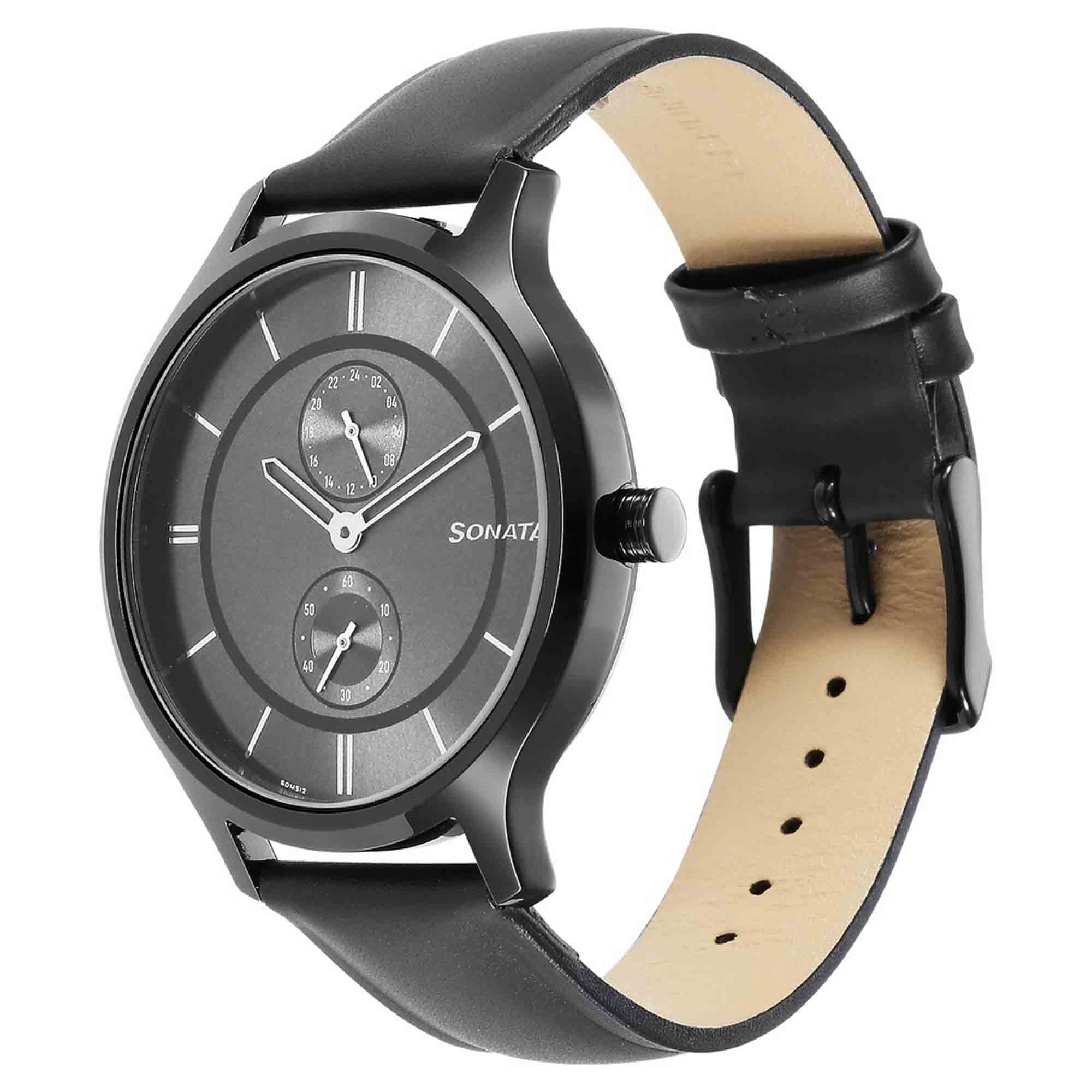 Sonata Quartz Multifunction Grey Dial Leather Strap Watch for Men