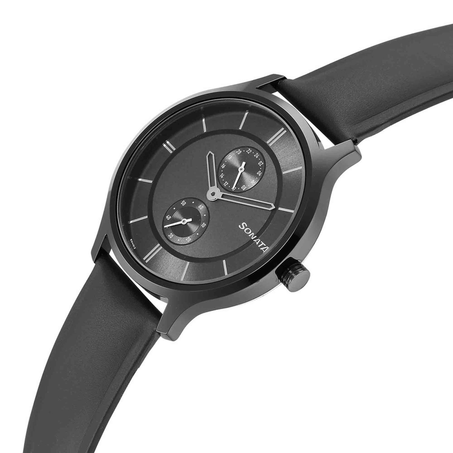 Sonata Quartz Multifunction Grey Dial Leather Strap Watch for Men