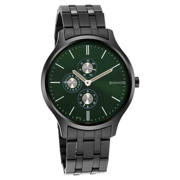 Sonata Quartz Multifunction Green Dial Stainless Steel Strap Watch for Men