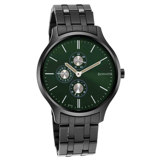 Sonata Quartz Multifunction Green Dial Stainless Steel Strap Watch for Men