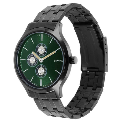 Sonata Quartz Multifunction Green Dial Stainless Steel Strap Watch for Men