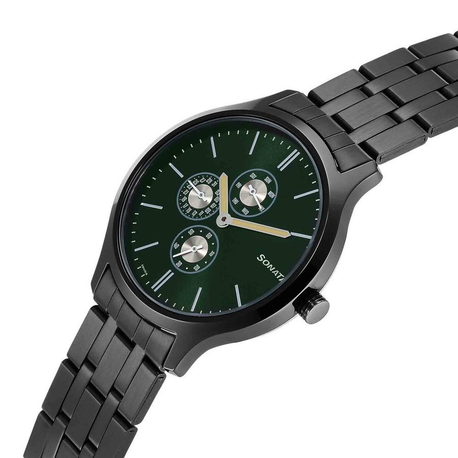 Sonata Quartz Multifunction Green Dial Stainless Steel Strap Watch for Men