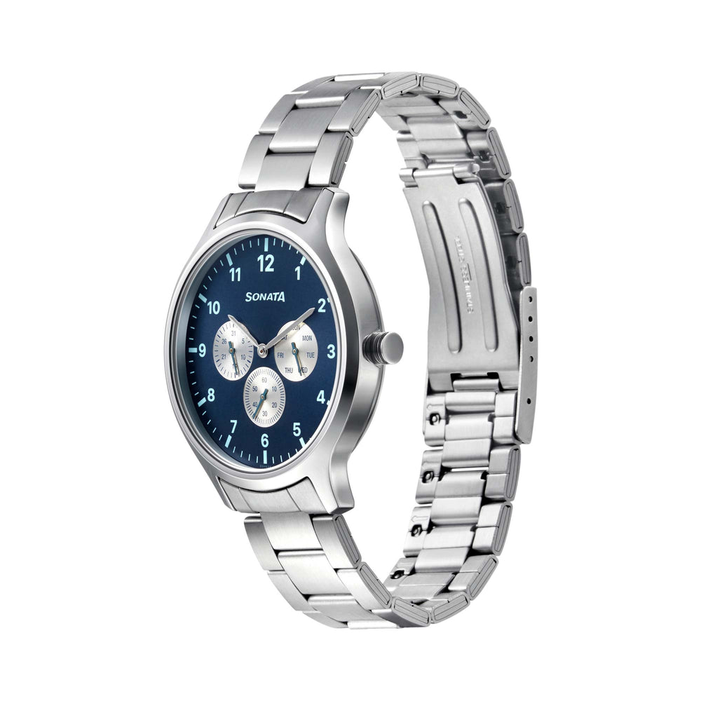 Sonata Quartz Analog Blue Dial Metal Strap Watch for Men