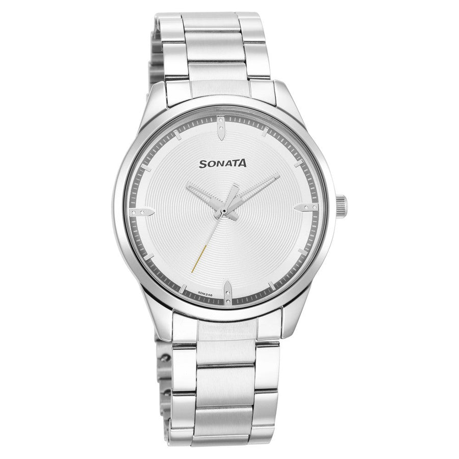 Sonata Quartz Analog Silver Dial Stainless Steel Strap Watch for Men