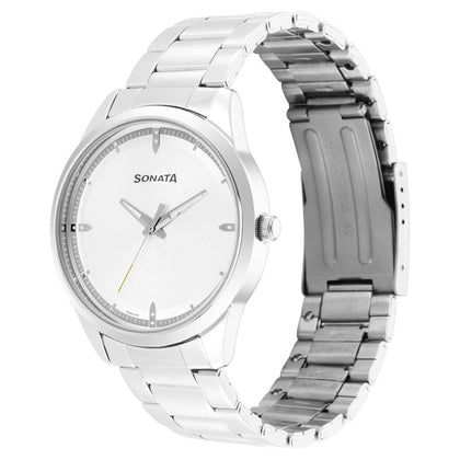 Sonata Quartz Analog Silver Dial Stainless Steel Strap Watch for Men