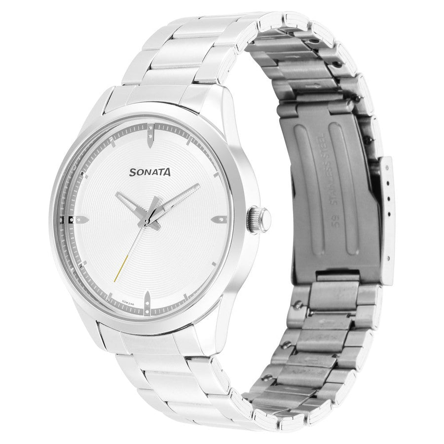 Sonata Quartz Analog Silver Dial Stainless Steel Strap Watch for Men