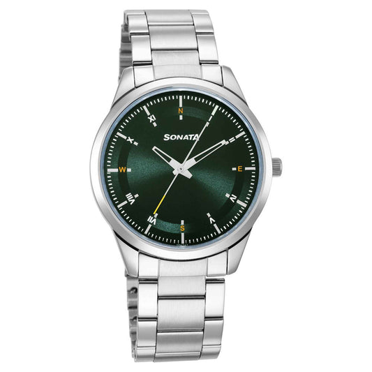 Sonata Force Quartz Analog Green Dial Stainless Steel Strap Watch for Men