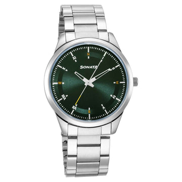 Sonata Force Quartz Analog Green Dial Stainless Steel Strap Watch for Men