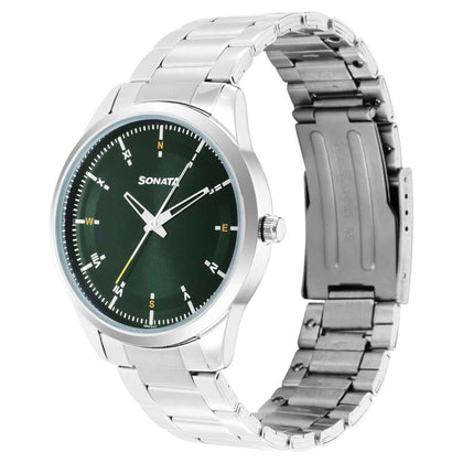 Sonata Force Quartz Analog Green Dial Stainless Steel Strap Watch for Men