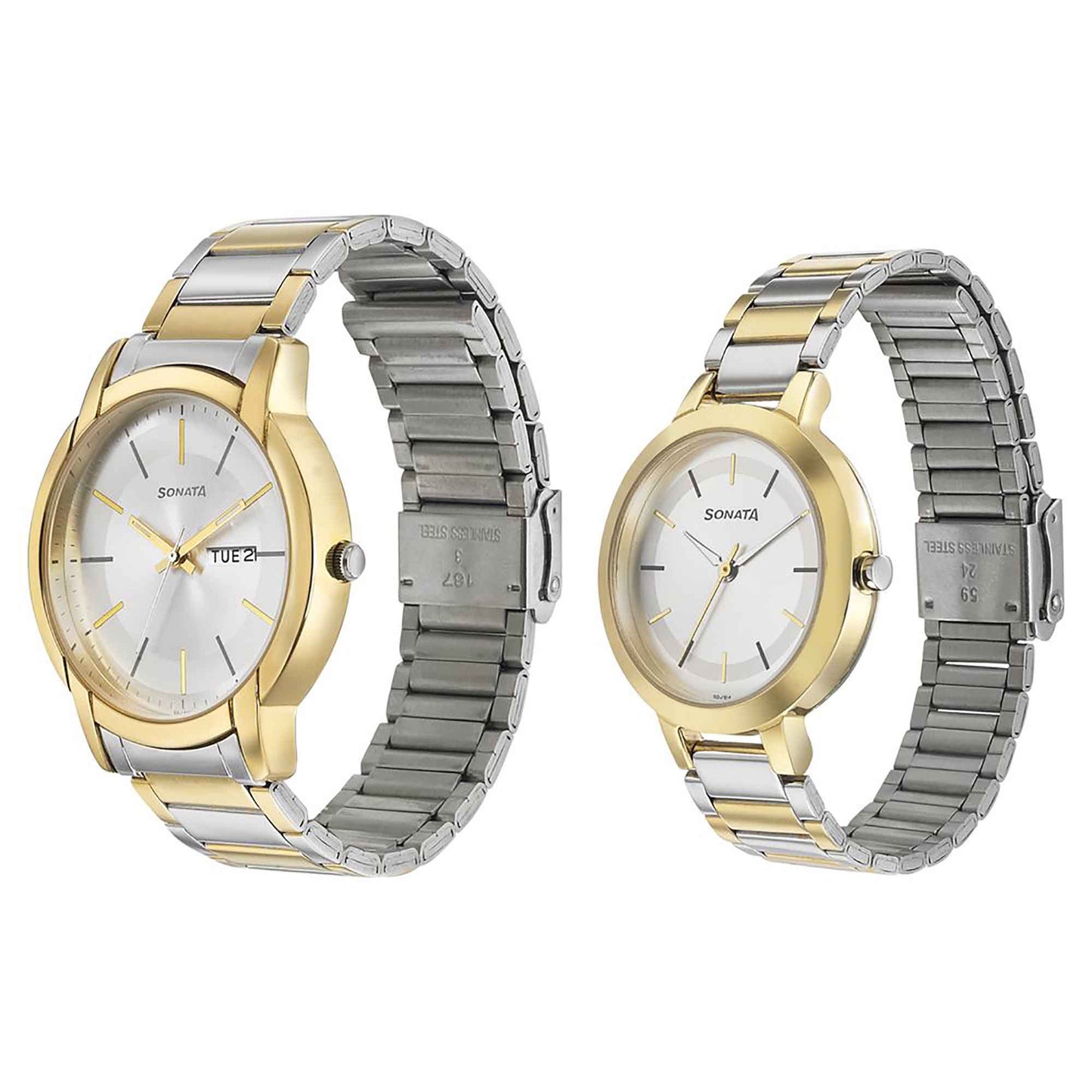 Sonata Quartz Analog Silver Dial Metal Strap Watch for Couple