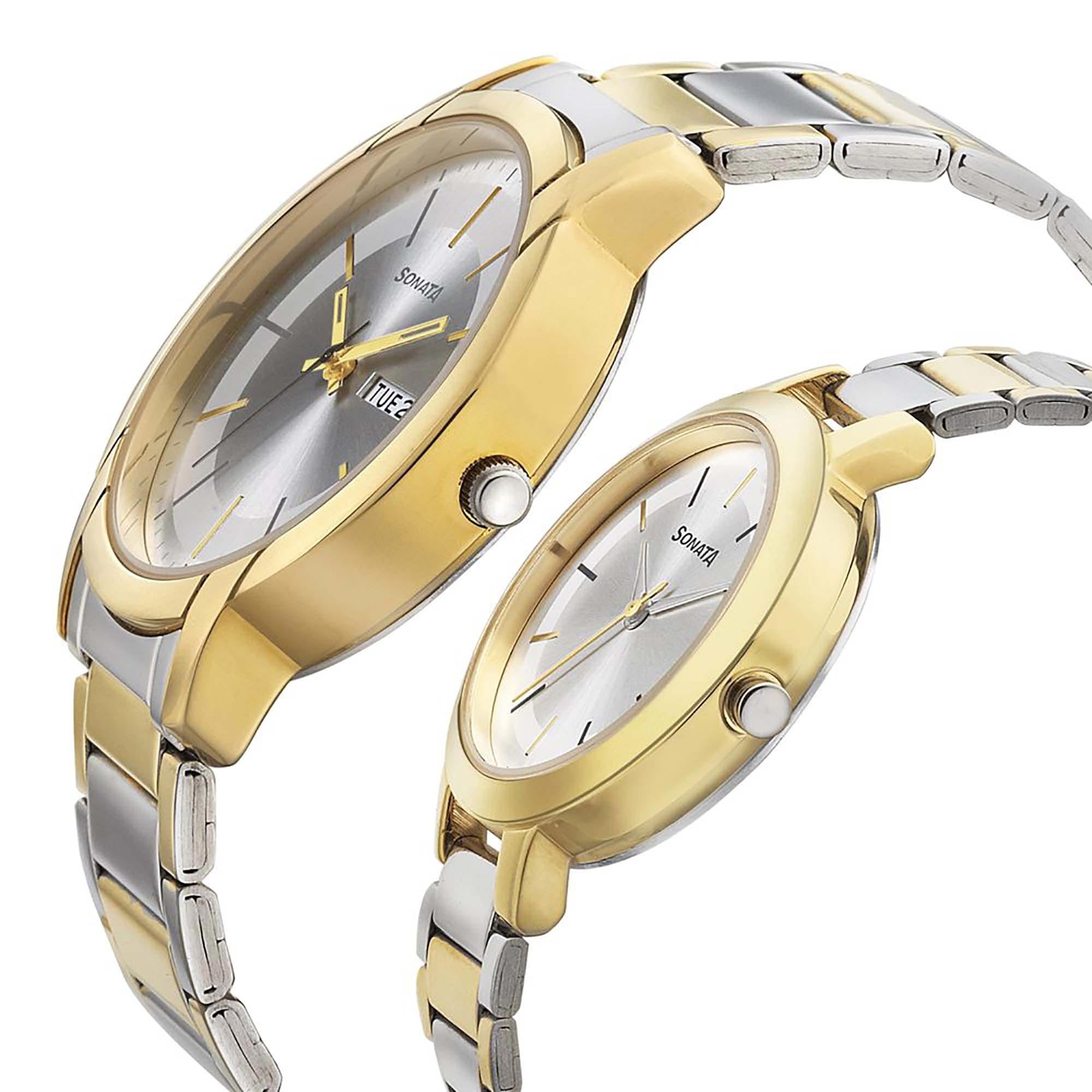 Sonata Quartz Analog Silver Dial Metal Strap Watch for Couple