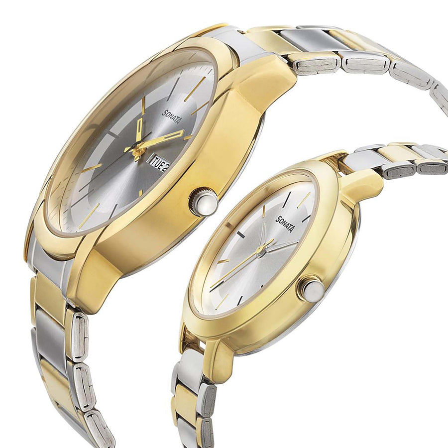 Sonata Quartz Analog Silver Dial Metal Strap Watch for Couple