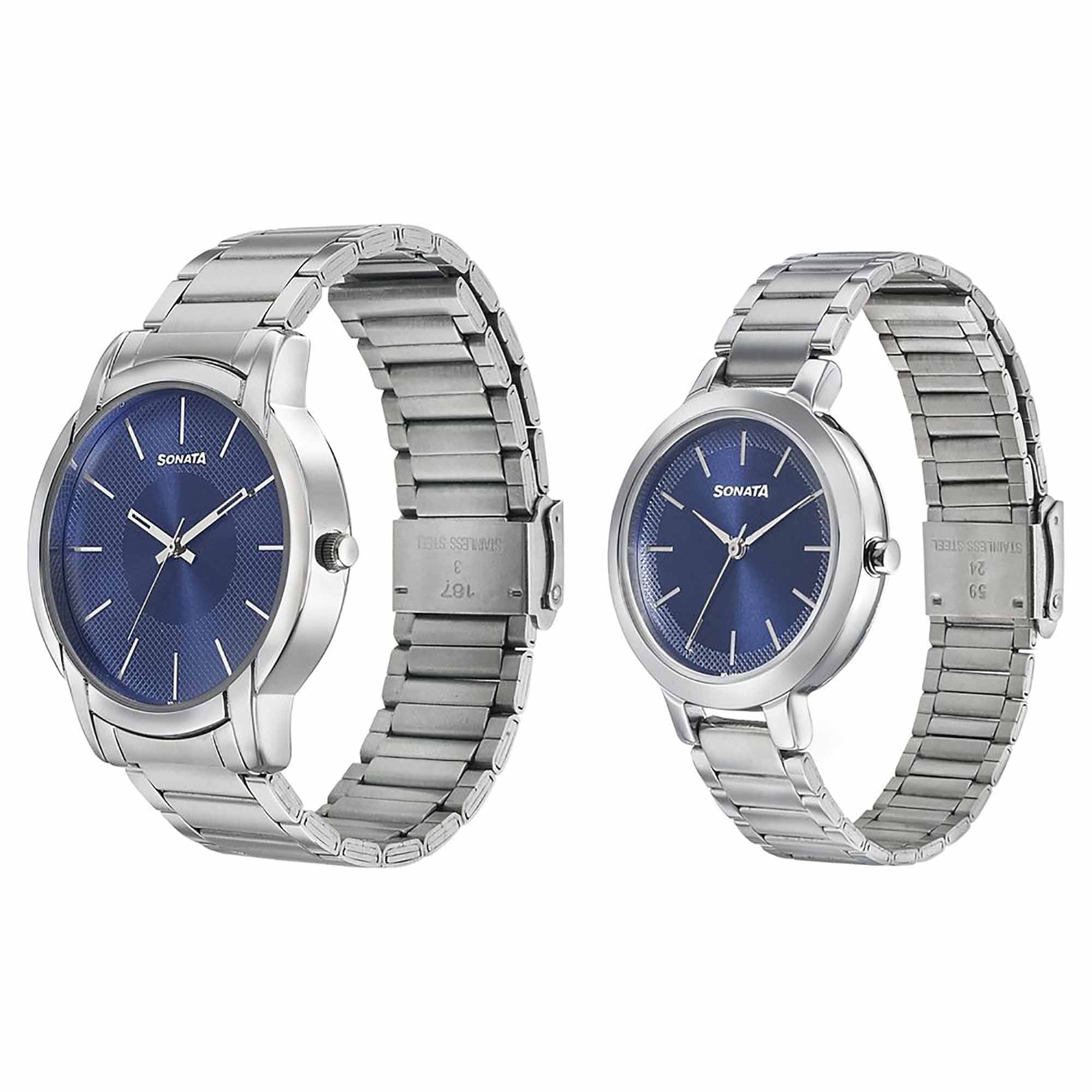 Sonata Quartz Analog Blue Dial Metal Strap Watch for Couple